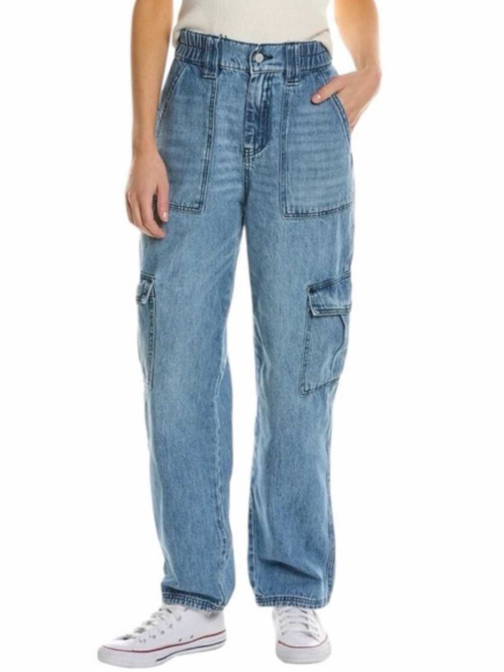 BLANKNYC High Waisted Cargo Jeans XL Distressed Elastic Waist Blue Denim Utility